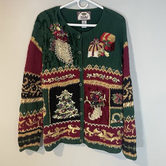 Vintage Tiara International Christmas Cardigan Womens XL Embroidered Beaded 90s - Picture 1 of 6